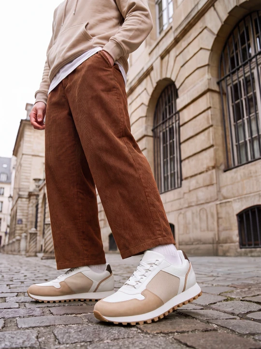 Zdjęcie produktu Męskie dwukolorowe buty sneakersy z łączonych materiałów – biało-piaskowe V1 - Rozmiar: 45 Ombre Clothing