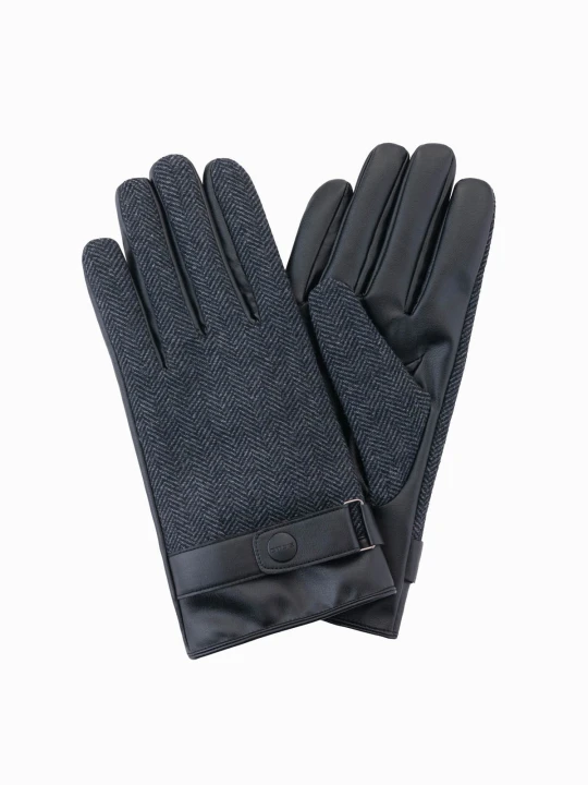 Zdjęcie produktu Męskie eleganckie rękawiczki z łączonych materiałów z wełną – grafitowy melanż V2 Ombre Clothing