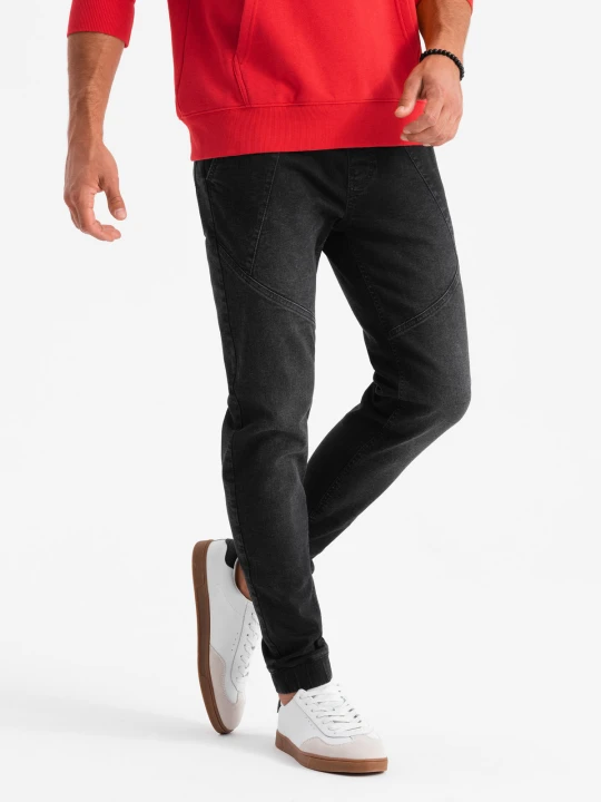 Zdjęcie produktu Męskie jeansowe joggery z asymetrycznymi przeszyciami – czarne V3 - Rozmiar: L Ombre Clothing