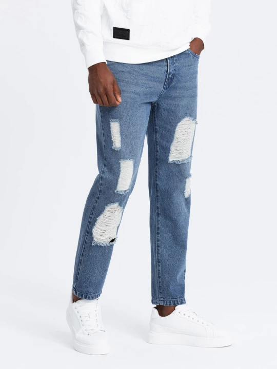 Zdjęcie produktu Męskie jeansowe spodnie TAPERED FIT z dziurami – ciemnoniebieskie V3 - Rozmiar: XL Ombre Clothing