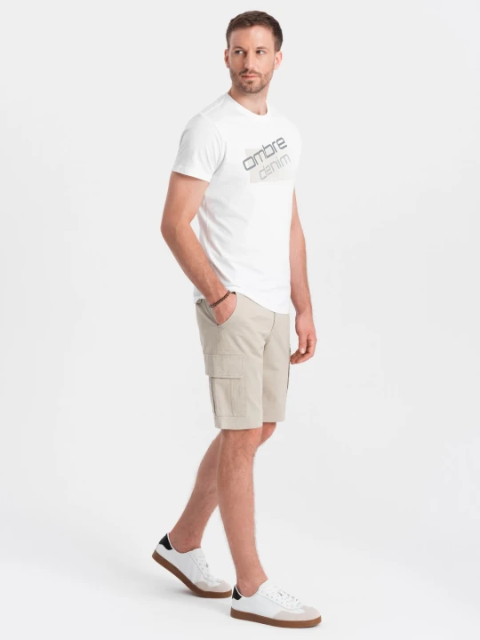 Zdjęcie produktu Męskie jednokolorowe szorty z kieszeniami cargo – beżowe V3 - Rozmiar: XXL Ombre Clothing