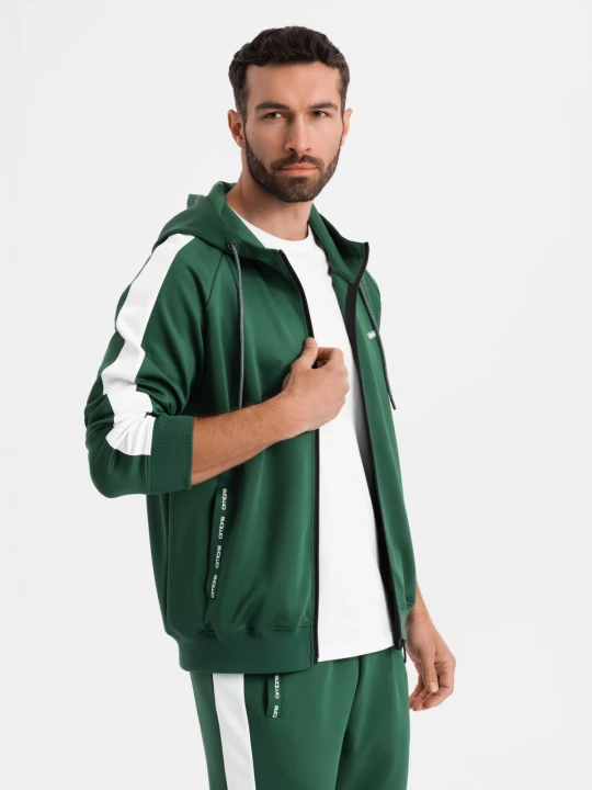 Zdjęcie produktu Męskie komplet dresowy oldschool bluza rozpinana z kapturem + spodnie joggery - ciemnozielony V7 - Rozmiar: XL Ombre Clothing