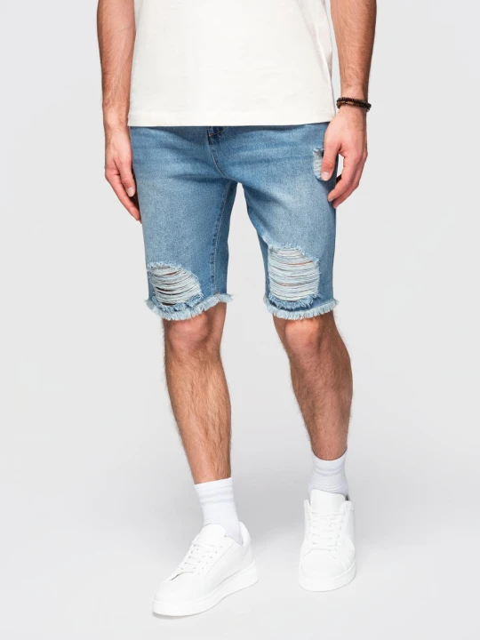 Zdjęcie produktu Męskie krótkie spodenki jeansowe z przetarciami i dziurami – niebieskie V3 - Rozmiar: XXL Ombre Clothing