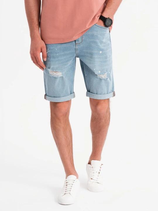 Zdjęcie produktu Męskie krótkie spodenki jeansowe z przetarciami i podwiniętą nogawką – jasnoniebieskie V1 - Rozmiar: S Ombre Clothing