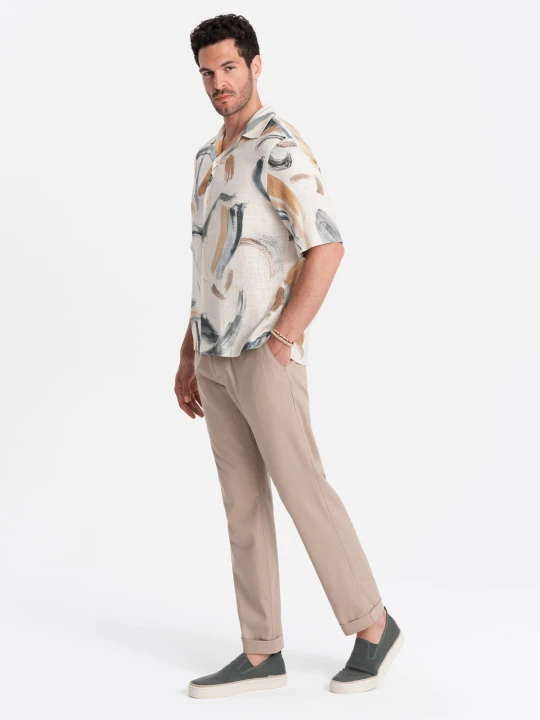 Zdjęcie produktu Męskie podwijane spodnie chino z dodatkiem lnu – jasnobrązowe V3 Ombre Clothing jasnobrązowy