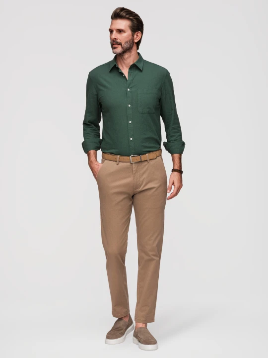 Zdjęcie produktu Męskie spodnie chino REGULAR FIT z delikatną strukturą – ciemnobeżowe V2 - Rozmiar: XL Ombre Clothing ciemnobeżowy