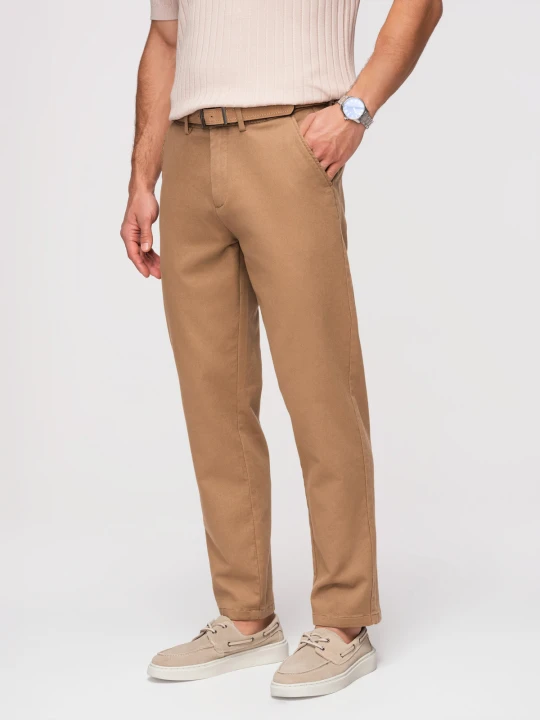 Zdjęcie produktu Męskie spodnie chino SLIM FIT z delikatną teksturą - brązowe V2 - Rozmiar: L Ombre Clothing