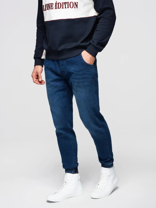 Zdjęcie produktu Męskie spodnie jeansowe joggery ze ściagaczem w pasie - ciemnoniebieskie V3 - Rozmiar: XXL Ombre Clothing