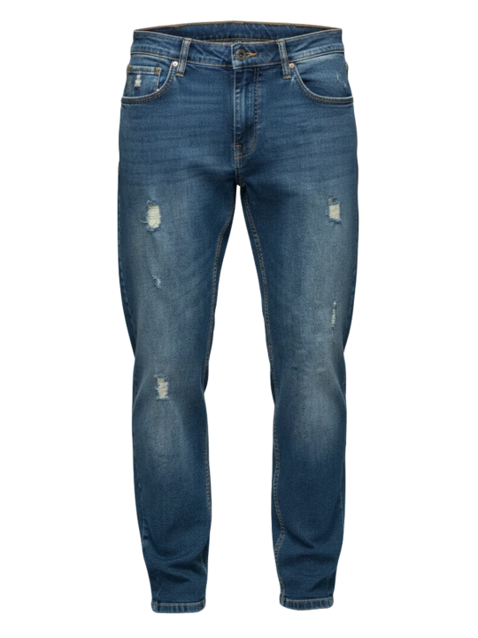 Zdjęcie produktu Męskie spodnie jeansowe REGULAR FIT z przetarciami - ciemnoniebieskie V2 Ombre Clothing