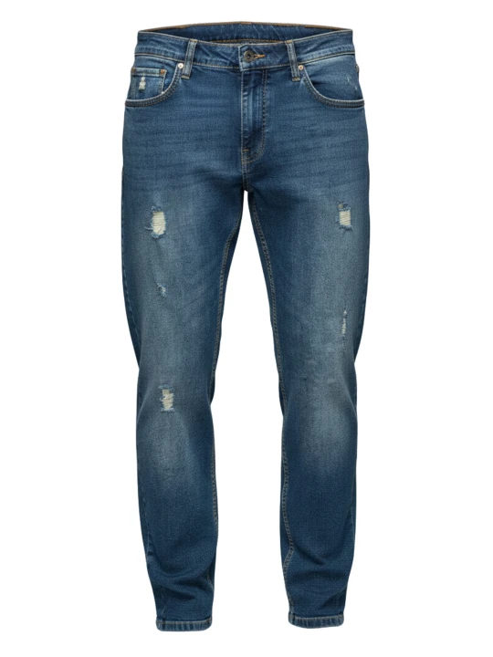 Zdjęcie produktu Męskie spodnie jeansowe REGULAR FIT z przetarciami - ciemnoniebieskie V2 Ombre Clothing