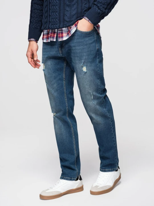 Zdjęcie produktu Męskie spodnie jeansowe REGULAR FIT z przetarciami - ciemnoniebieskie V2 - Rozmiar: XXL Ombre Clothing