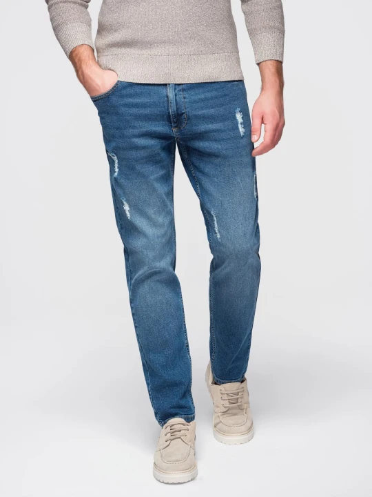 Zdjęcie produktu Męskie spodnie jeansowe SLIM FIT z przetarciami - ciemnoniebieskie V2 - Rozmiar: M Ombre Clothing