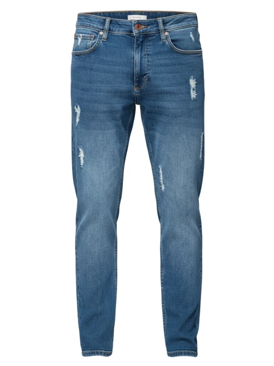 Zdjęcie produktu Męskie spodnie jeansowe SLIM FIT z przetarciami - ciemnoniebieskie V2 - Rozmiar: XXL Ombre Clothing