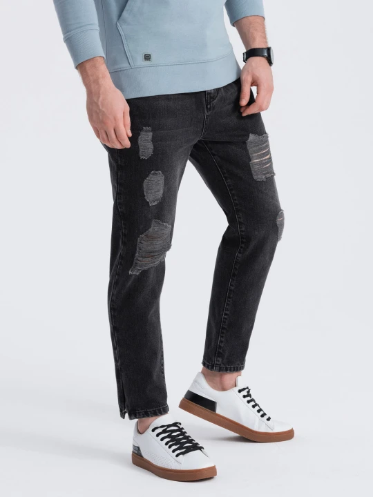 Zdjęcie produktu Męskie spodnie jeansowe taper fit z dziurami - czarne V2 - Rozmiar: L Ombre Clothing