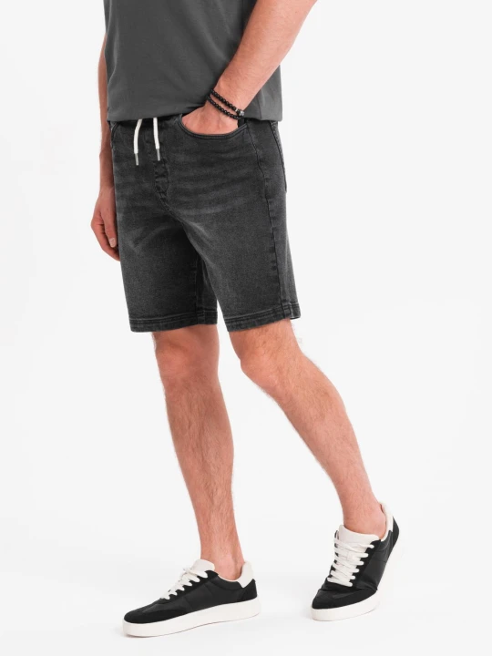 Zdjęcie produktu Męskie szorty z gumką w pasie i efektem sprania – czarne V4 Ombre Clothing