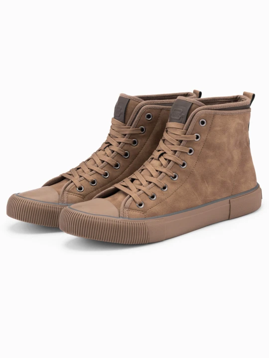 Zdjęcie produktu Męskie wysokie buty trampki z dekoracyjną lamówką – brązowe V2 - Rozmiar: 40 Ombre Clothing
