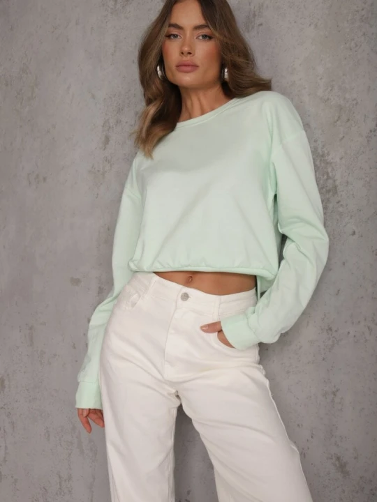 Zdjęcie produktu Miętowa Bluza z Bawełną ze Ściągaczami przy Rękawach i w Pasie Alberia J.style Miętowy