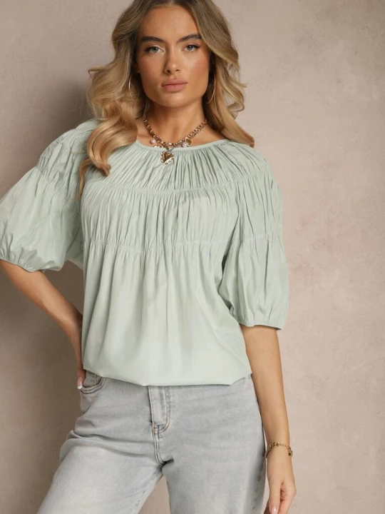 Zdjęcie produktu Miętowa Bluzka z Wiskozą o Fasonie Oversize z Gumkami w Ramionach Alirona H&s Niebieski