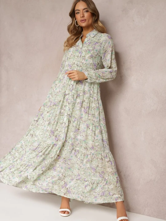 Zdjęcie produktu Miętowa Koszulowa Sukienka Maxi w Kwiaty z Falbaną na Dole Nilmisse Rosa Miętowy