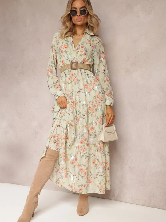 Zdjęcie produktu Miętowa Sukienka Maxi z Plecionym Paskiem i Gumką w Talii w Kwiaty Elanisa Rosa Miętowy