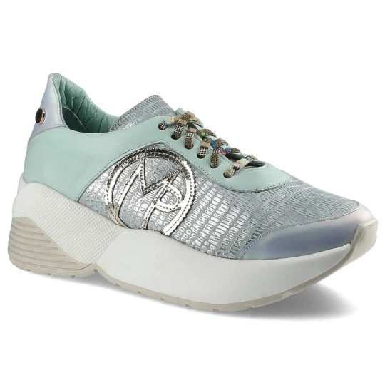Zdjęcie produktu Sneakersy damskie Massimo Poli, ze skórzaną cholewką o tłoczonej fakturze sznurowaniem na podbiciu bocznym emblematem, miętowe, 2Y1-20-0633 zielony