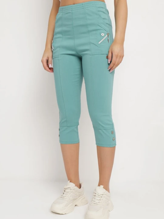 Zdjęcie produktu Miętowe Spodnie 3/4 z Elastyczną Gumką w Pasie i Suwakami Leazira New Fashion Miętowy