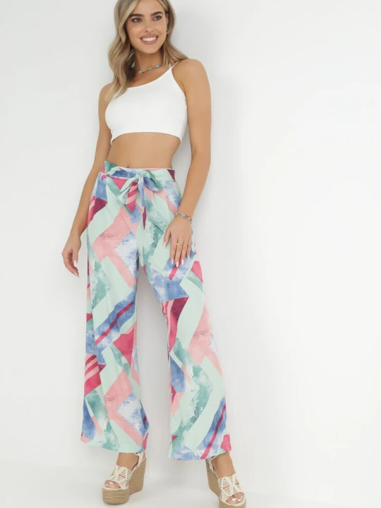Zdjęcie produktu Miętowe Szerokie Spodnie z Gumką i Wiązaniem w Pasie Narias R&f Fashion Miętowy