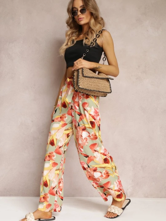 Zdjęcie produktu Miętowo-Czerwone Spodnie Szerokie w Kwiaty Alirria R&f Fashion Miętowy