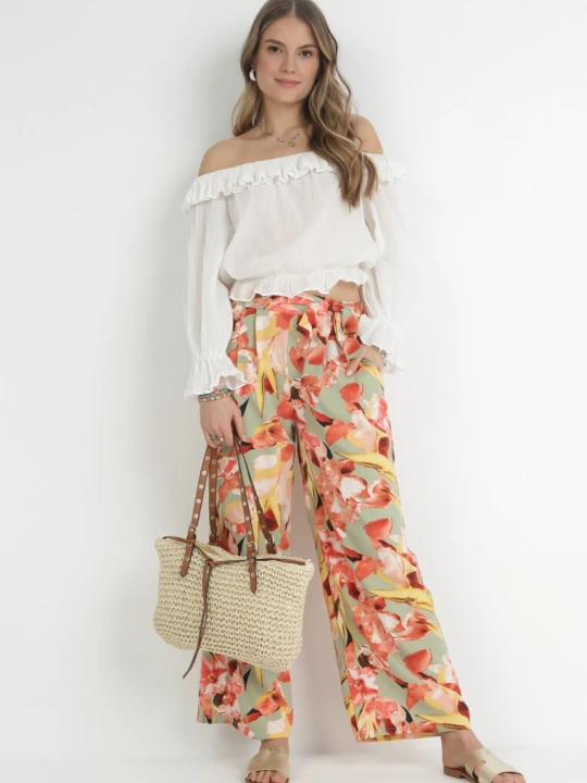 Zdjęcie produktu Miętowo-Czerwone Szerokie Spodnie w Kwiaty Hamara R&f Fashion Miętowy