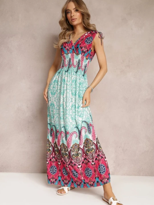 Zdjęcie produktu Miętowo-Fuksjowa Sukienka Maxi w Stylu Boho z Gumką w Pasie Bernette Cflo Miętowy