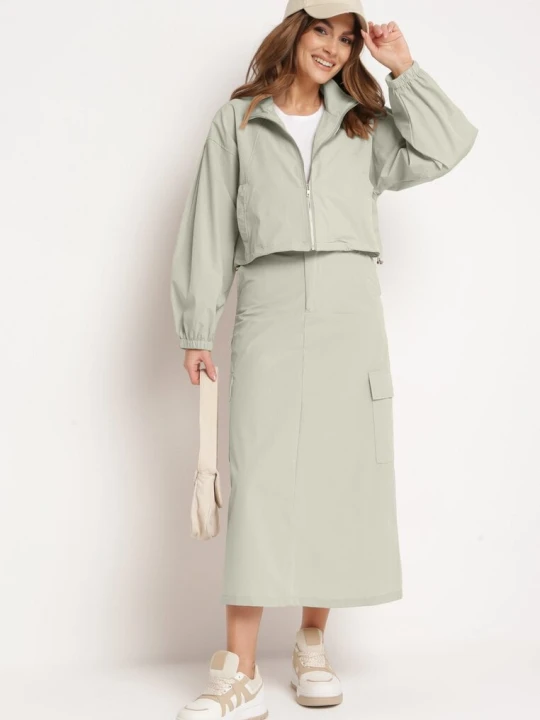 Zdjęcie produktu Miętowy Komplet Casualowy Bluza z Suwakiem i Stójką oraz Spódnica z Kieszeniami Hettora