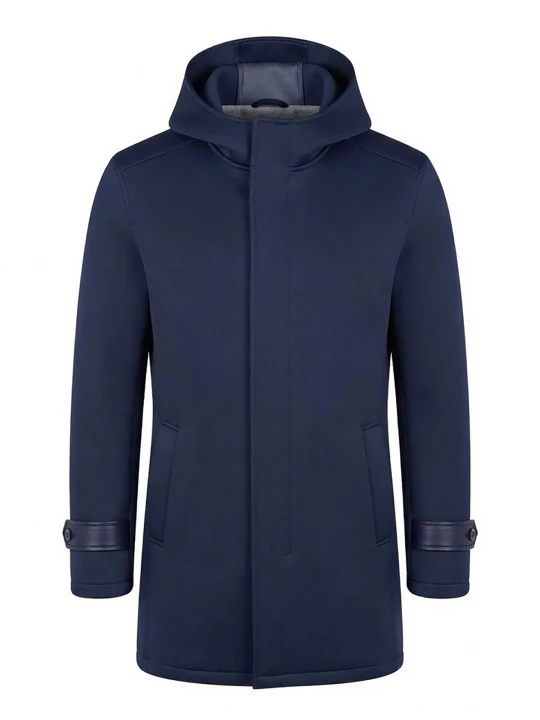 Zdjęcie produktu Minimalistyczny płaszcz męski średniej długości z dzianiny scuba - granatowy V5 Ombre Clothing
