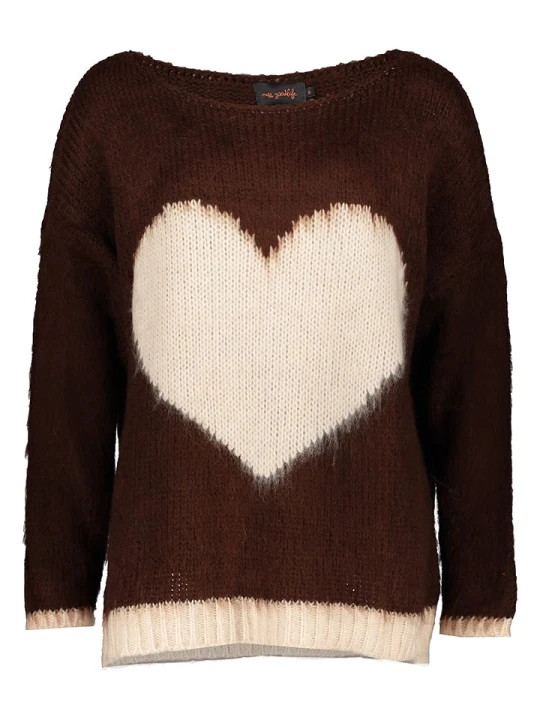 Zdjęcie produktu miss goodlife Sweter "Heart" w kolorze ciemnobrązowo-kremowym rozmiar: L