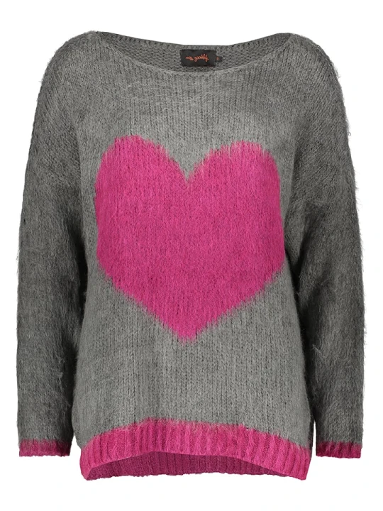 Zdjęcie produktu miss goodlife Sweter "Heart" w kolorze szaro-różowym rozmiar: L