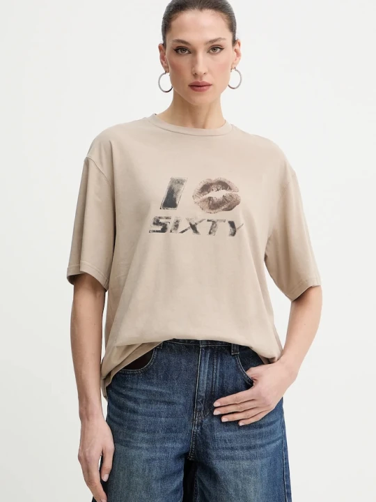 Zdjęcie produktu Miss Sixty T-shirt oversize damski z dodatkiem lnu beżowy