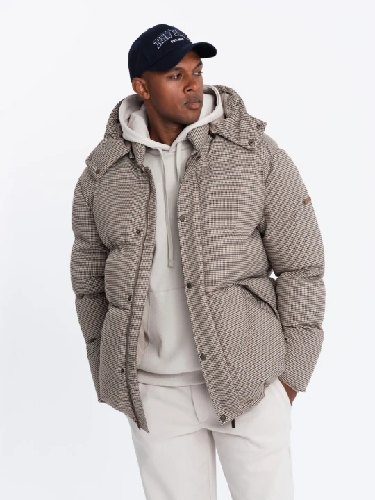 Zdjęcie produktu Mocno ocieplana męska kurtka typu puffer w pepitkę – brązowa V1 Ombre Clothing