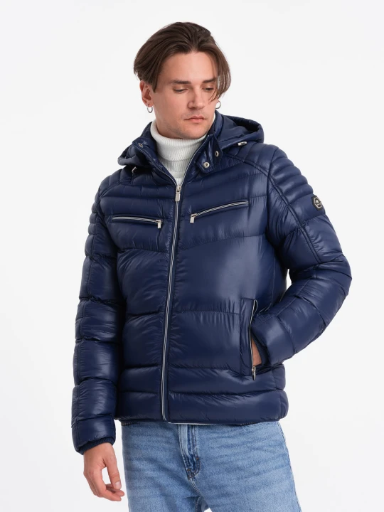 Zdjęcie produktu Mocno ocieplona pikowana kurtka męska z odpinanym kapturem – granatowa V2 - Rozmiar: XXL Ombre Clothing