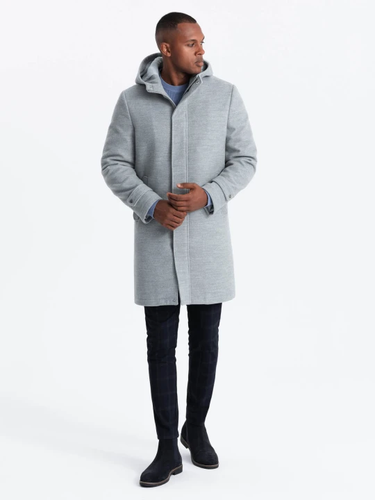 Zdjęcie produktu Monochromatyczny długi męski płaszcz z kapturem – szary melanż V1 - Rozmiar: L Ombre Clothing
