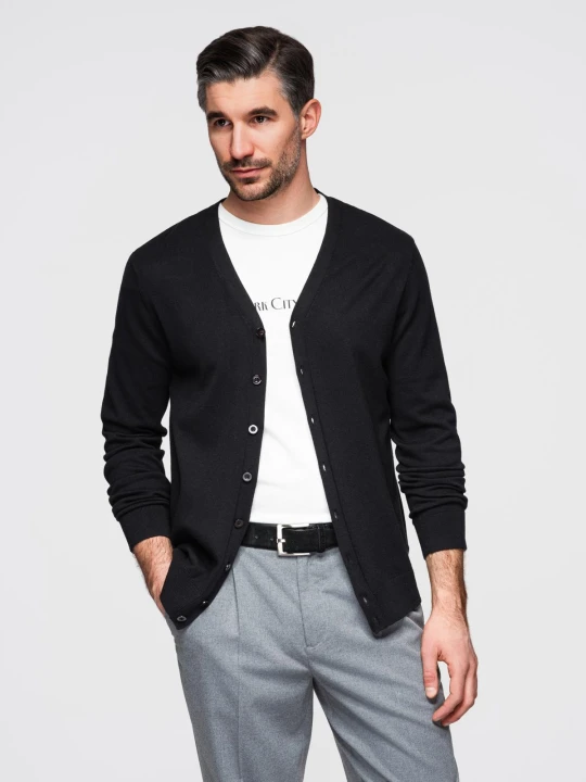 Zdjęcie produktu Monochromatyczny dzianinowy męski kardigan z wiskozą – czarny V2 - Rozmiar: XL Ombre Clothing
