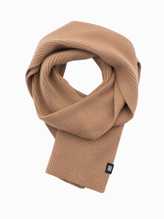 Zdjęcie produktu Monochromatyczny szalik męski z prążkowanej dzianiny – jasnobrązowy V4 Ombre Clothing