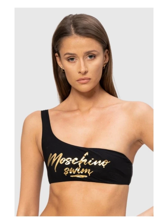 Zdjęcie produktu MOSCHINO Asymetryczna góra od bikini ze złotym logo, Rozmiar XS Czarny