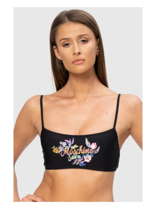 Zdjęcie produktu MOSCHINO Czarna góra od bikini z kwiecistym logo, Rozmiar S