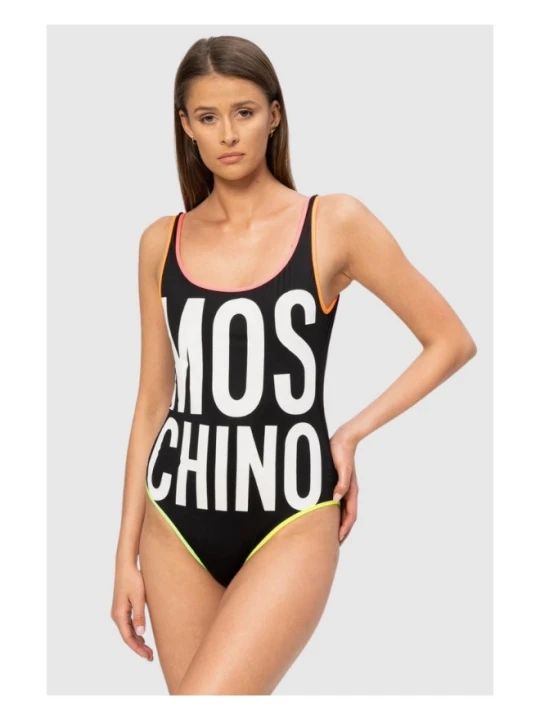 Zdjęcie produktu MOSCHINO Czarny jednoczęściowy strój kąpielowy z neonowymi lamówkami, Rozmiar S