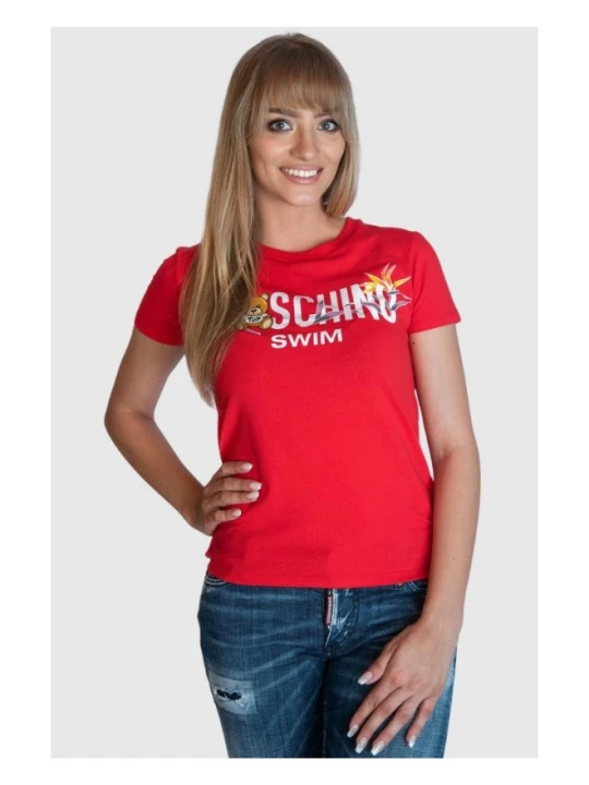 Zdjęcie produktu MOSCHINO T-shirt damski czerwony z nadrukiem logo i misia, Rozmiar XS