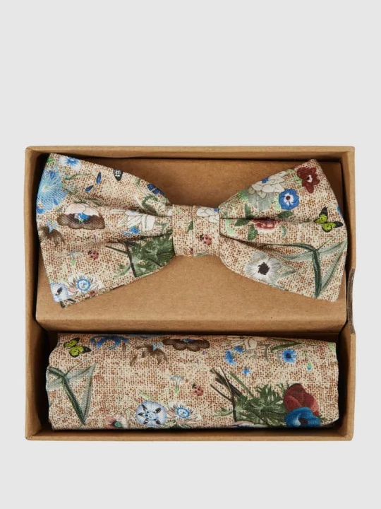Zdjęcie produktu Mucha i poszetka z mieszanki jedwabiu i bawełny w zestawie Prince Bowtie Piaskowy