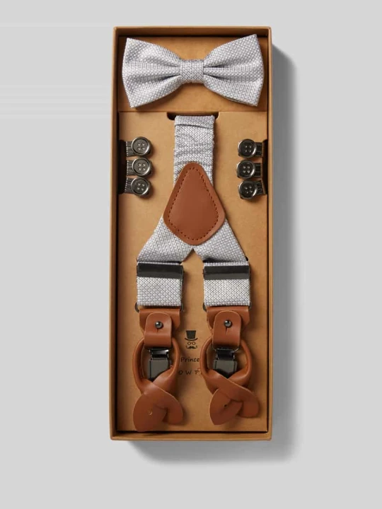 Zdjęcie produktu Mucha i szelki z czystego jedwabiu w zestawie Prince Bowtie Srebrny