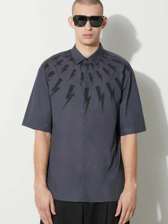 Zdjęcie produktu Neil Barrett koszula bawełniana LOOSE ROLLED UP FAIR-ISLE THUNDERBOLT niebieski