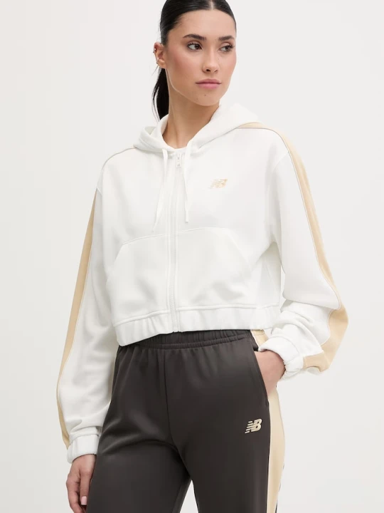 Zdjęcie produktu New Balance bluza rozpinana z kapturem damska Interlock Full Zip beżowy