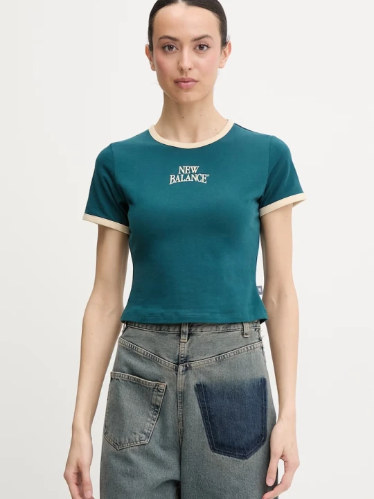 Zdjęcie produktu New Balance T-shirt damski z bawełną Heritage Ringer turkusowy