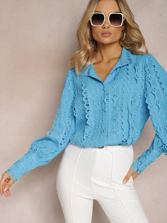 Zdjęcie produktu Niebieska Ażurowa Koszula z Elegancką Stójką Manuella Elsa.m By May